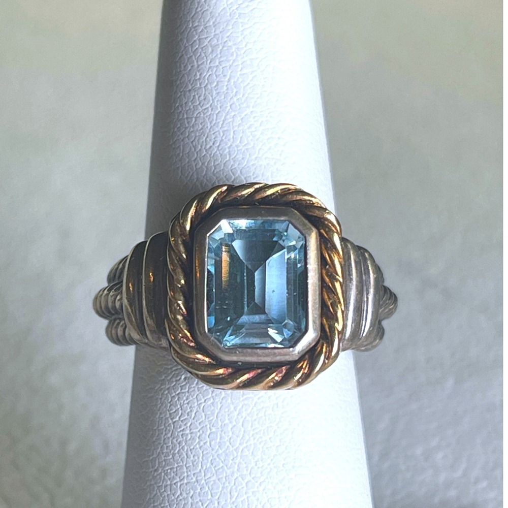 CNA 925 Sterling Silver 14K Gold Blue Topaz Cable Rope Ring Size 6 10g